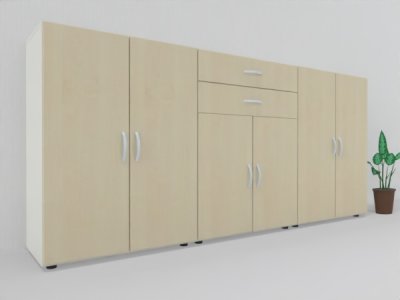 Büroschrankwand 240 cm breit 110,4 cm hoch MA5 Korpus Weiß Türen Ahorn