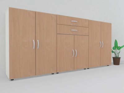 Büroschrankwand 240 cm breit 110,4 cm hoch MA5 Korpus Weiß Türen Buche