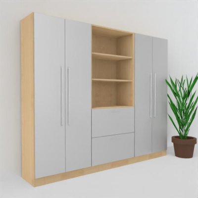 Büro Schrankwand Multi 10 240 cm breit zwei Büroschranke und ein Regal mit Hängeregisterauschzug Dekor Ahorn-Silber