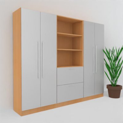 Büro Schrankwand Multi 10 240 cm breit zwei Büroschranke und ein Regal mit Hängeregisterauschzug Dekor Buche-Silber