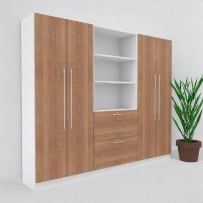 Büro Schrankwand Multi 10 240 cm breit zwei Büroschranke und ein Regal mit Hängeregisterauschzug Dekor Weiß-Nussbaum