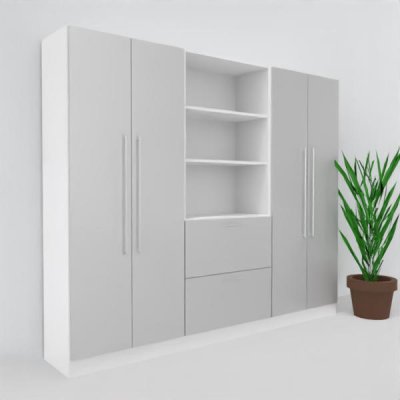 Büro Schrankwand Multi 10 240 cm breit zwei Büroschranke und ein Regal mit Hängeregisterauschzug Dekor Weiß-Silber