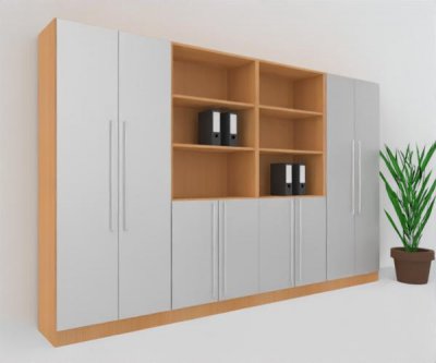 Büroschrankwand MS12 Breite 320 cm Höhe 200,4 cm Dekor Buche-Silber