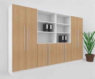 Büroschrankwand MS12 Breite 320 cm Höhe 200,4 cm Dekor Weiß-Eiche