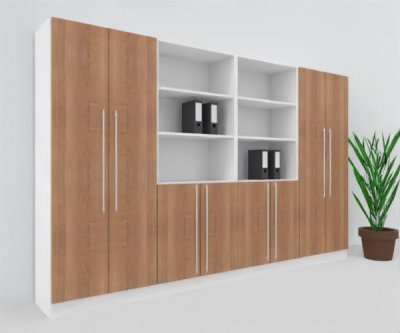 Büroschrankwand MS12 Breite 320 cm Höhe 200,4 cm Dekor Weiß-Nussbaum