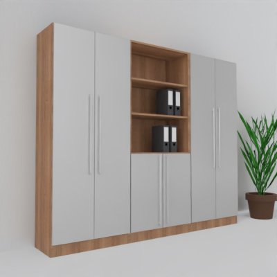 Büro Schrankwand MS5 240 cm breit 200,4 cm hoch Dekor Nussbaum-Silber
