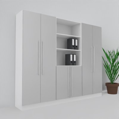Büro Schrankwand MS5 240 cm breit 200,4 cm hoch Dekor Weiß-Silber