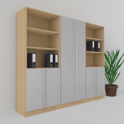 Büro Schrankwand MS6 Breite 240 cm Höhe 200,6 cm Dekor Ahorn-Silber