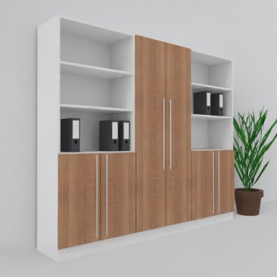 Büro Schrankwand MS6 Breite 240 cm Höhe 200,6 cm Dekor Weiß-Nussbaum