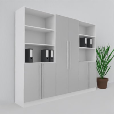 Büro Schrankwand MS6 Breite 240 cm Höhe 200,6 cm Dekor Weiß-Silber