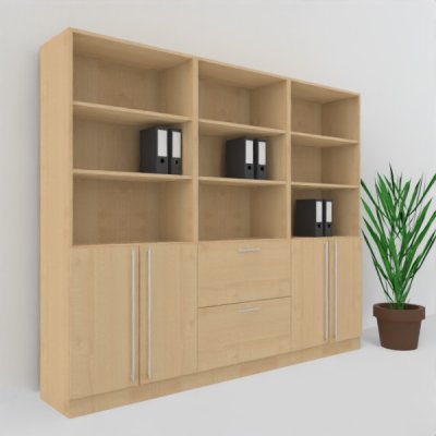 Büro Schrankwand MS8 Breite 240 cm Höhe 200,4 cm 2 Schränke und ein Regal mit Hängeregister Dekor Ahorn