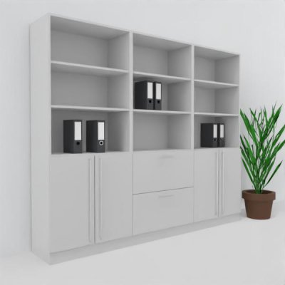 Büro Schrankwand MS8 Breite 240 cm Höhe 200,4 cm 2 Schränke und ein Regal mit Hängeregister Dekor Lichtgrau