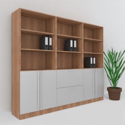 Büro Schrankwand MS8 Breite 240 cm Höhe 200,4 cm 2 Schränke und ein Regal mit Hängeregister Dekor Nussbaum-Silber