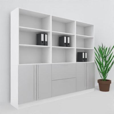 Büro Schrankwand MS8 Breite 240 cm Höhe 200,4 cm 2 Schränke und ein Regal mit Hängeregister Dekor Weiß-Silber