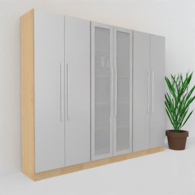 Büro Schrankwand MS9 Breite 240 cm Höhe 200,4 cm zwei Schränke mit Holztüren ein Schrank mit Glastüren Dekor Ahorn-Silber