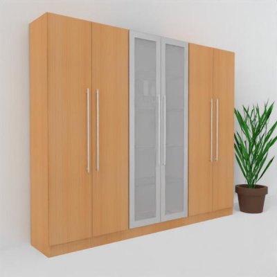 Büro Schrankwand MS9 Breite 240 cm Höhe 200,4 cm zwei Schränke mit Holztüren ein Schrank mit Glastüren Dekor Buche