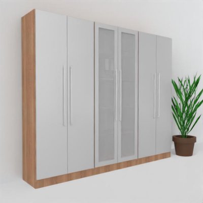 Büro Schrankwand MS9 Breite 240 cm Höhe 200,4 cm zwei Schränke mit Holztüren ein Schrank mit Glastüren Dekor Nussbaum-Silber