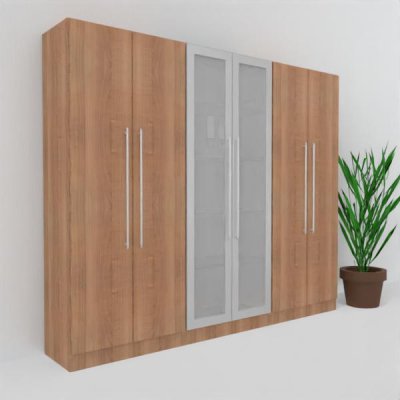 Büro Schrankwand MS9 Breite 240 cm Höhe 200,4 cm zwei Schränke mit Holztüren ein Schrank mit Glastüren Dekor Nussbaum