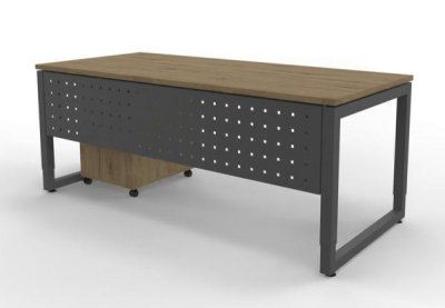 Büromöbel-Set RH1G Schreibtisch mit Sichtblende und Rollcontainer Gestell Grafit Dekor Asteiche