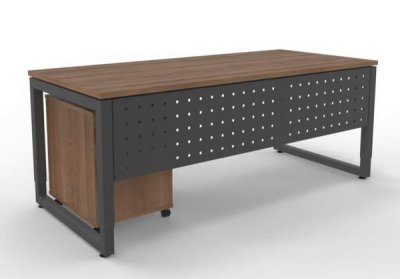 Büromöbel-Set RH1G Schreibtisch mit Sichtblende und Rollcontainer Gestell Grafit Dekor Nussbaum