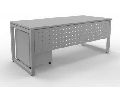 Büromöbel-Set RH1G Schreibtisch mit Sichtblende und Rollcontainer Gestell Silber Dekor Lichtgrau