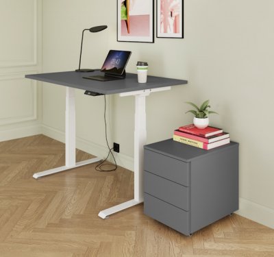 Büromöbelset elektrisch höhenverstellbarer Schreibtisch mit Rollcontainer Gestellfarbe Weiß Dekor Grafit