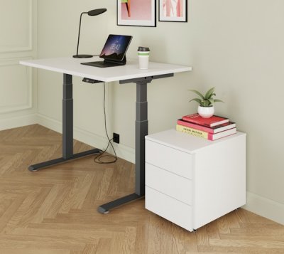 Büromöbelset elektrisch höhenverstellbarer Schreibtisch mit Rollcontainer Gestellfarbe Grafit Dekor Weiß