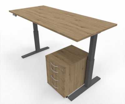 Büromöbel Set RMK1 Schreibtisch elektrisch mit Rollcontainer Gestell Grafit Tischplatte und Rollcontainer Asteiche