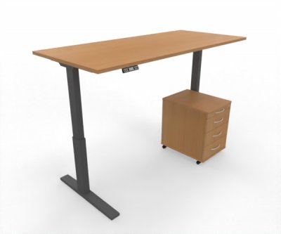 Büromöbel Set RMK1 Schreibtisch elektrisch mit Rollcontainer Gestell Grafit Tischplatte und Rollcontainer Buche