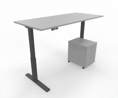 Büromöbel Set RMK1 Schreibtisch elektrisch mit Rollcontainer Gestell Grafit Tischplatte und Rollcontainer Lichtgrau