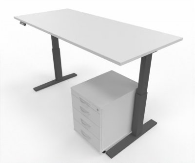Büromöbel Set RMK1 Schreibtisch elektrisch mit Rollcontainer Gestell Grafit Tischplatte und Rollcontainer Weiß