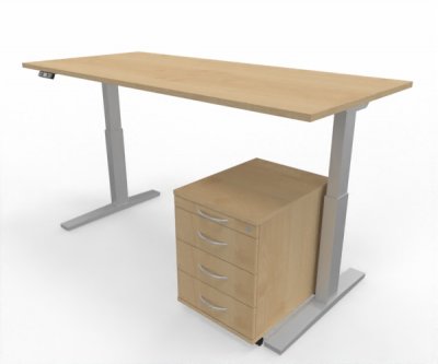 Büromöbel Set RMK1 Schreibtisch elektrisch mit Rollcontainer Gestell Silber Tischplatte und Rollcontainer Ahorn