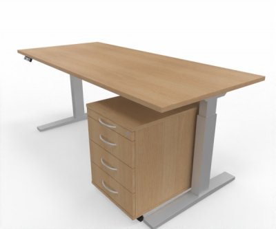 Büromöbel Set RMK1 Schreibtisch elektrisch mit Rollcontainer Gestell Silber Tischplatte und Rollcontainer Eiche