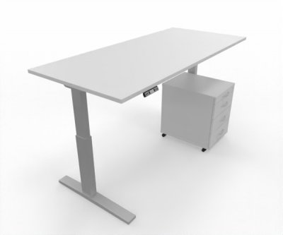 Büromöbel Set RMK1 Schreibtisch elektrisch mit Rollcontainer Gestell Silber Tischplatte und Rollcontainer Weiß