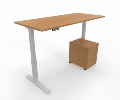 Büromöbel Set RMK1 Schreibtisch elektrisch mit Rollcontainer Gestell Weiß Tischplatte und Rollcontainer Buche