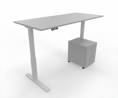 Büromöbel Set RMK1 Schreibtisch elektrisch mit Rollcontainer Gestell Weiß Tischplatte Lichtgrau