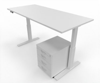 Büromöbel Set RMK1 Schreibtisch elektrisch mit Rollcontainer Gestell Weiß Tischplatte und Rollcontainer weiß