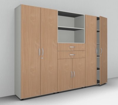 Büroschrankwand 240 cm breit 868 Mega Weiss-Buche