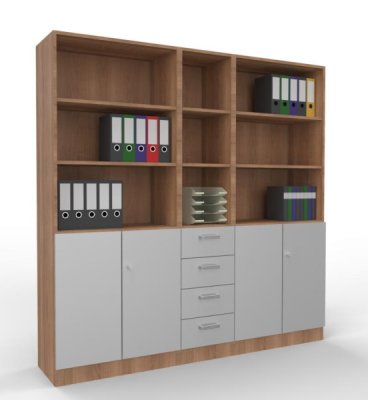 Büro-Schrankwand Klassik 10 Nussbaum-Silber
