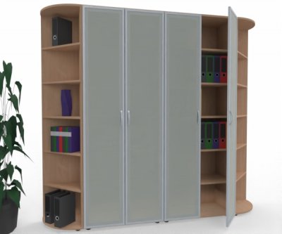 Büro Schrankwand M19 Mega 240 cm breit 2 Schränke mit Glastüren und 2 Eckabschlussregale Buche