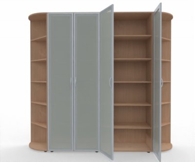 Büro Schrankwand M19 Mega 240 cm breit 2 Schränke mit Glastüren und 2 Eckabschlussregale Buche