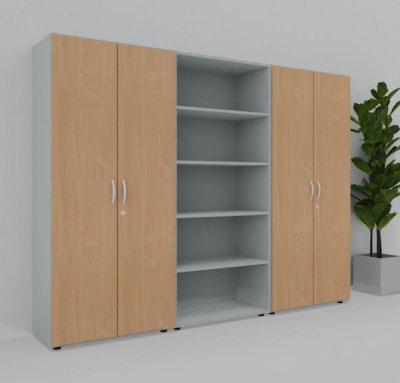 Büroschrankwand 240 cm breit  M58 Lichtgrau-Buche