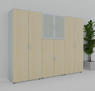 Büroschrankwand M59 240 cm breit Lichtgrau-Ahorn