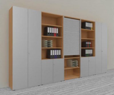 Büro Schrankwand Master K7 2 Schränke, 2 Kombischränke und 1 Rollladenschrank Höhe 215,6 cm Dekor Buche Silber