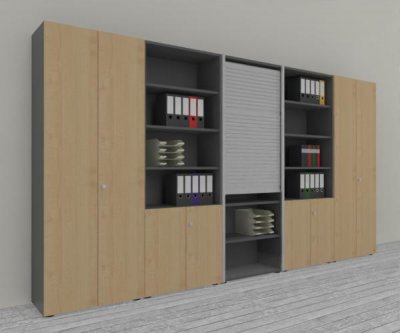 Büro Schrankwand Master K7 2 Schränke, 2 Kombischränke und 1 Rollladenschrank Höhe 215,6 cm Dekor Grafit Ahorn
