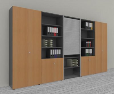 Büro Schrankwand Master K7 2 Schränke, 2 Kombischränke und 1 Rollladenschrank Höhe 215,6 cm Dekor Grafit Buche