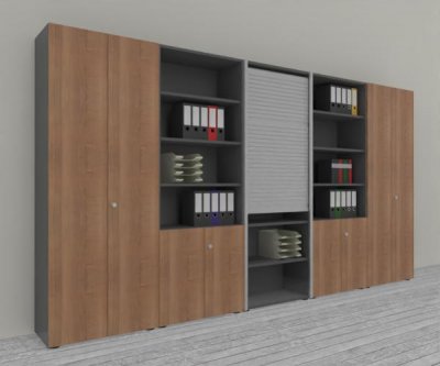 Büro Schrankwand Master K7 2 Schränke, 2 Kombischränke und 1 Rollladenschrank Höhe 215,6 cm Dekor Grafit Nussbaum