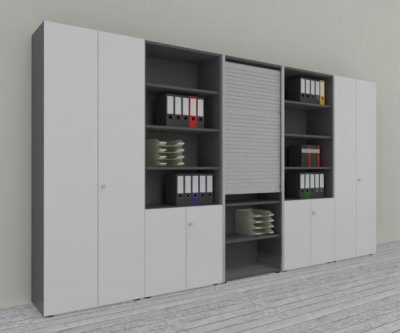 Büro Schrankwand Master K7 2 Schränke, 2 Kombischränke und 1 Rollladenschrank Höhe 215,6 cm Dekor Grafit Weiß