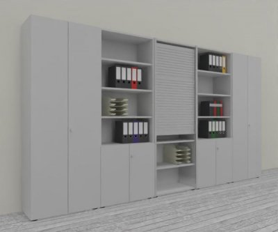 Büro Schrankwand Master K7 2 Schränke, 2 Kombischränke und 1 Rollladenschrank Höhe 215,6 cm Dekor Lichtgrau