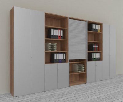 Büro Schrankwand Master K7 2 Schränke, 2 Kombischränke und 1 Rollladenschrank Höhe 215,6 cm Dekor Nussbaum Silber